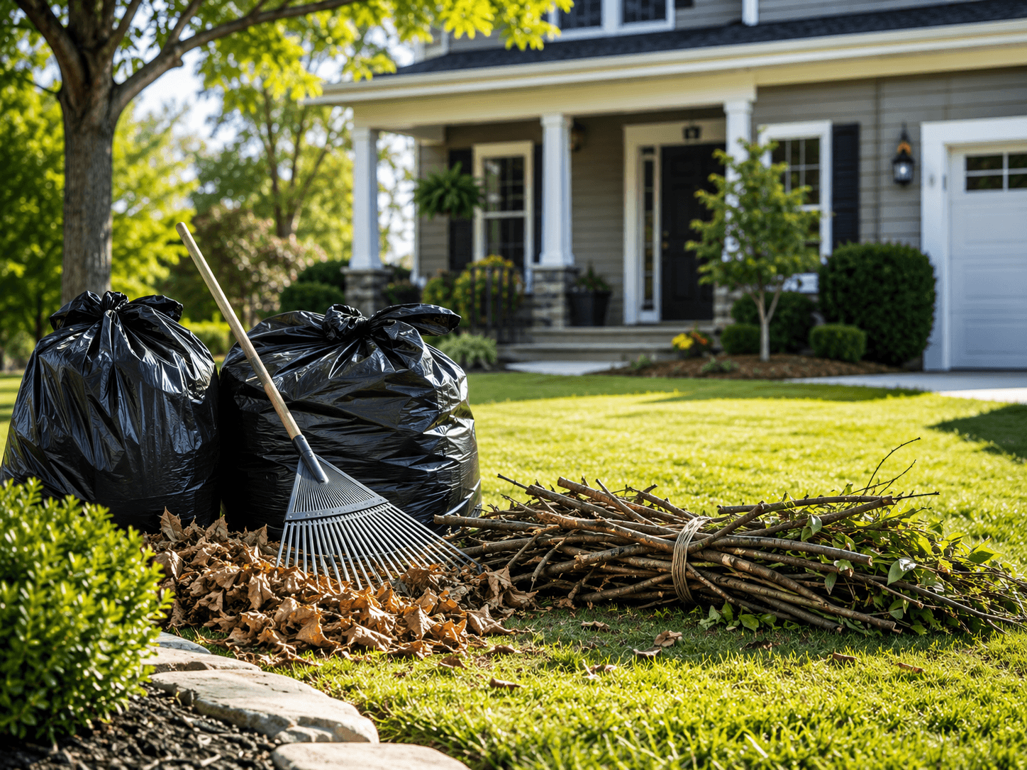 Yard debris and cleanup work on a residential property