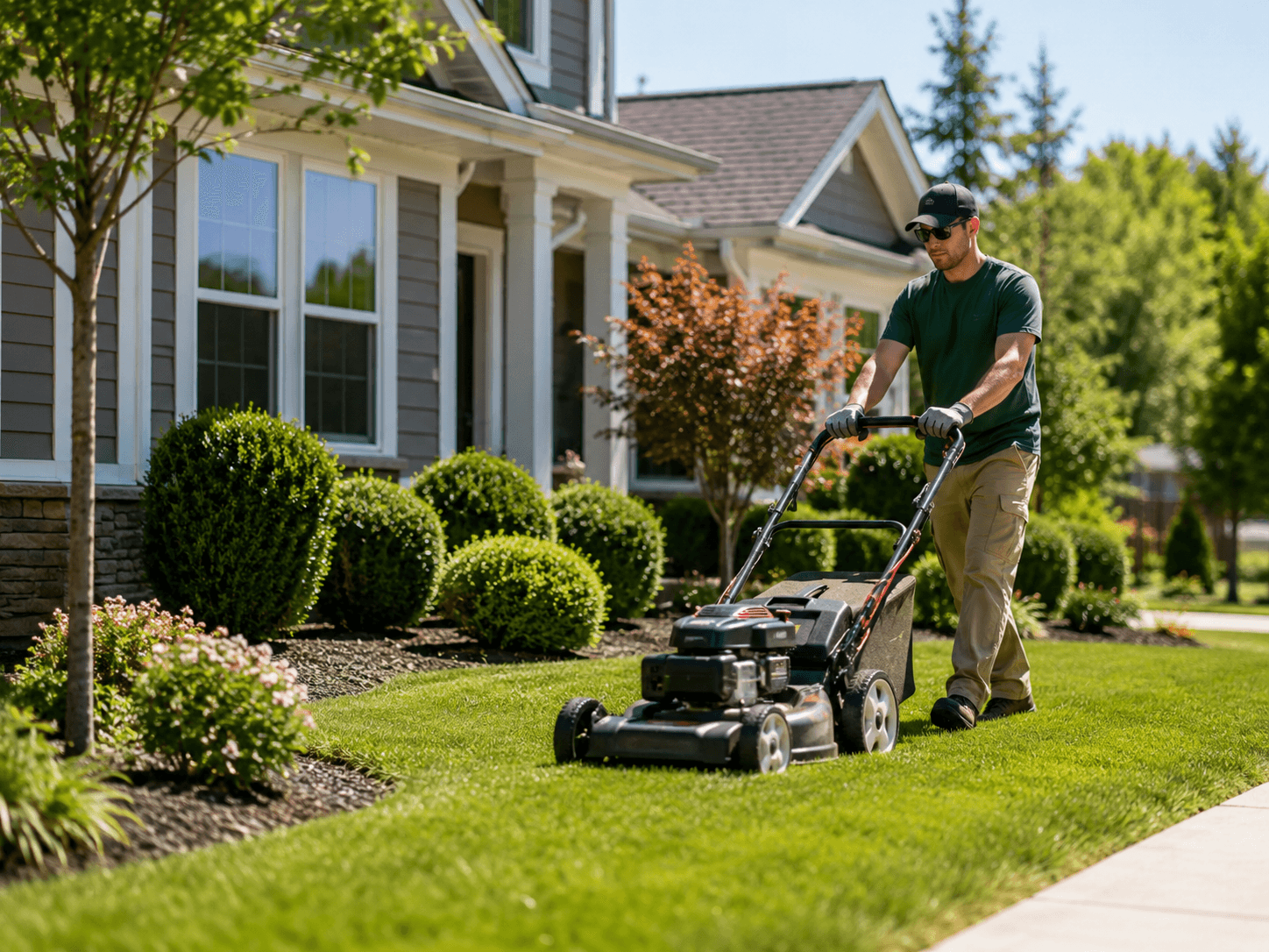 Lawn mower performing routine yard maintenance
