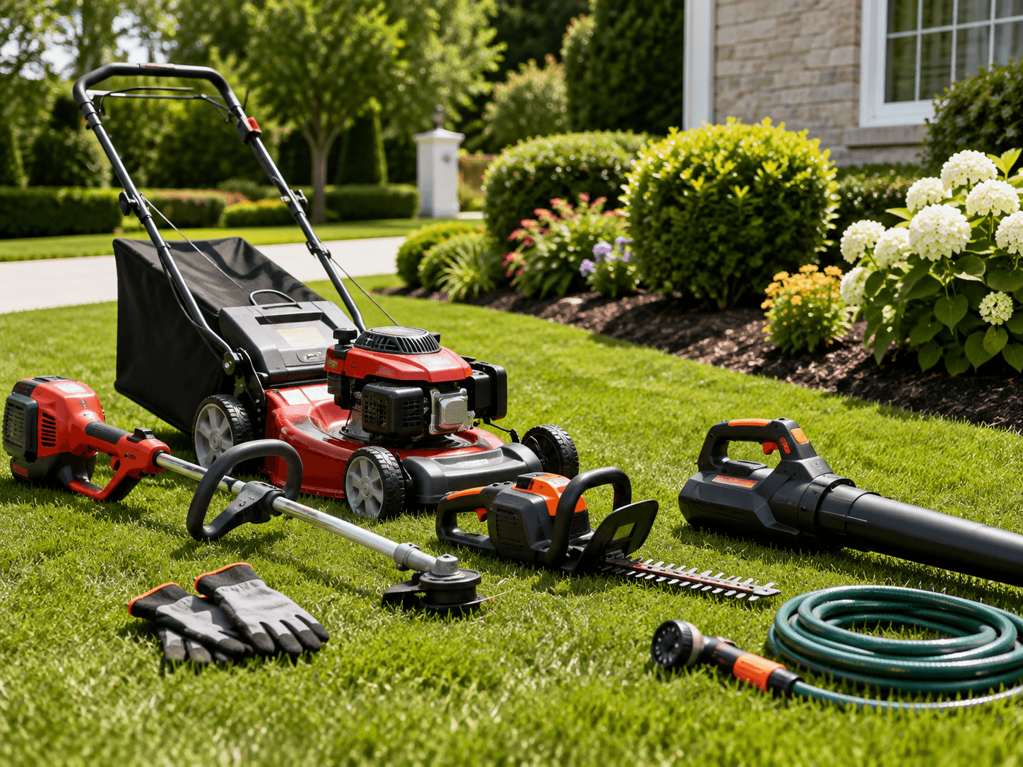 Outdoor property care equipment on a lawn